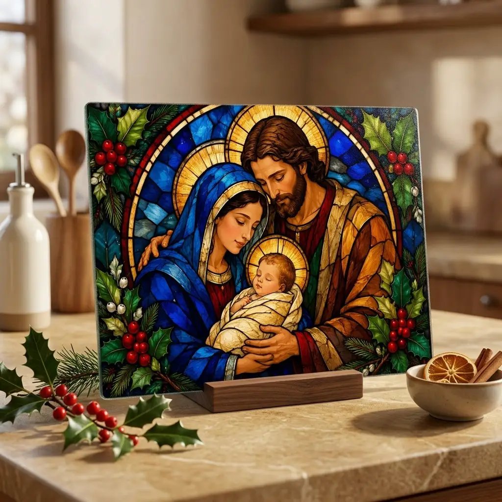 Holy Family Glass Cutting Board, Christian Christmas Gift, Nativity Kitchen Decor, Mary Joseph Baby Jesus, Religious Christmas Decor