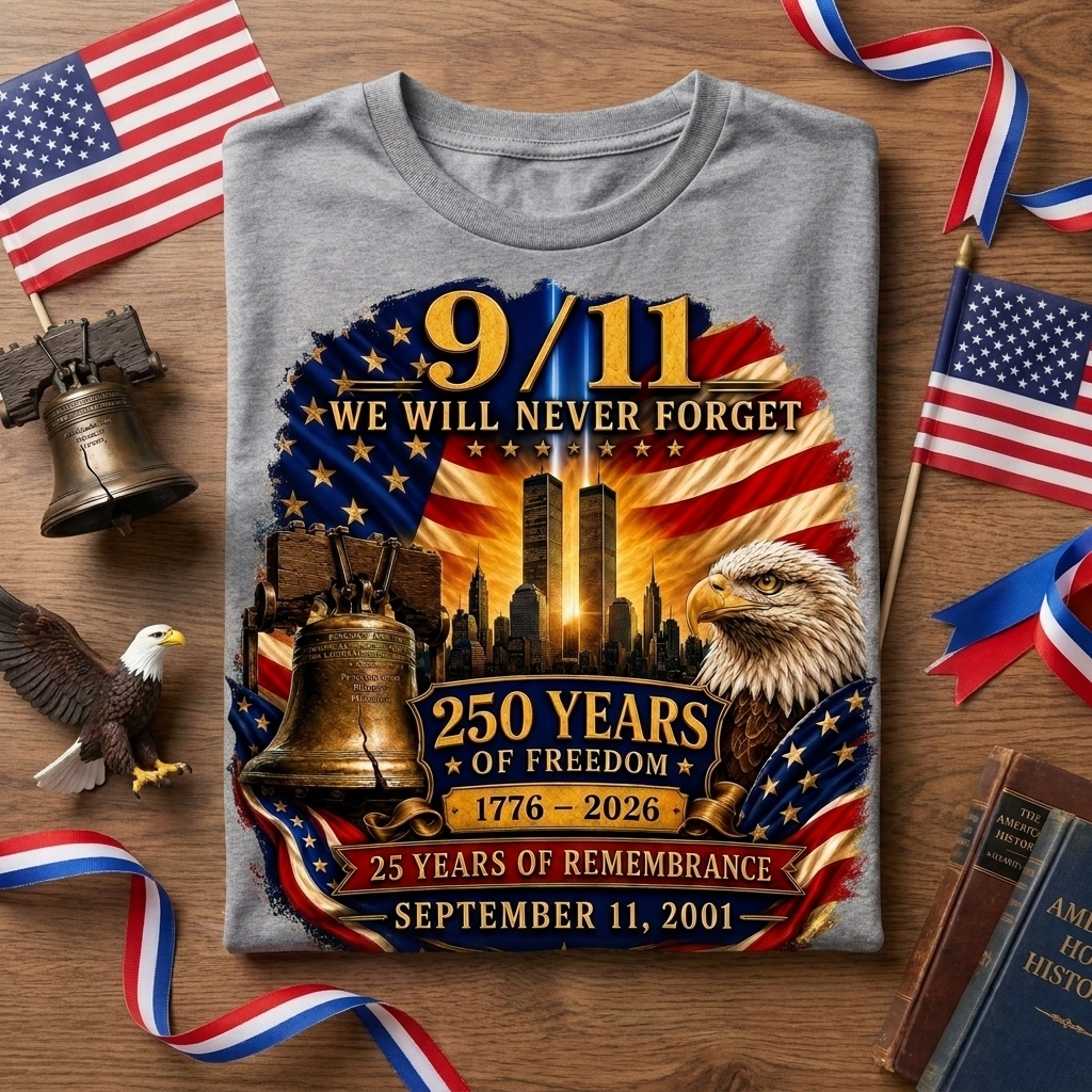 9/11 Memorial Shirt 25th Anniversary, Never Forget T-Shirt, 250 Years of Freedom 1776-2026, September 11 Remembrance Patriotic Tee