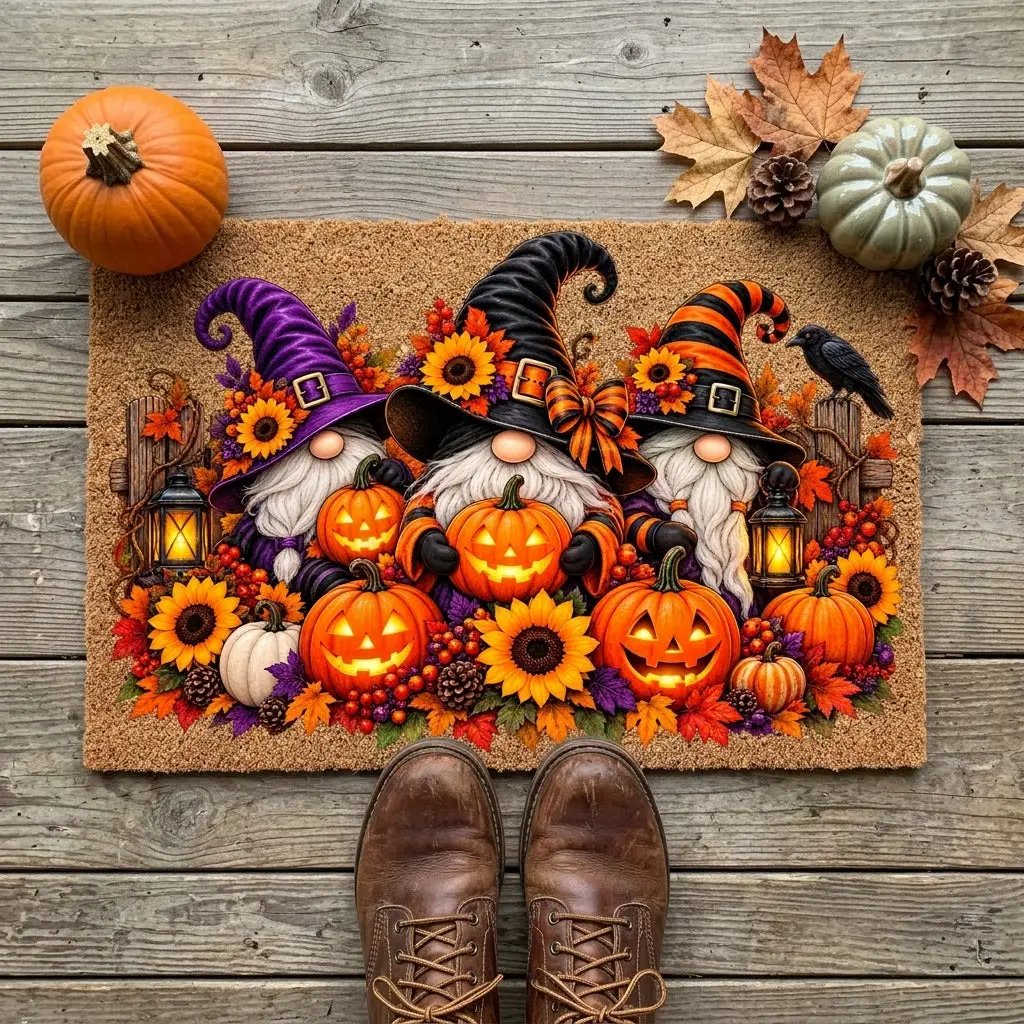Halloween Gnome Doormat, Witch Gnomes & Pumpkins Coir Mat, Cute Spooky Fall Welcome Mat, Halloween Porch Decor, Autumn Door Mat