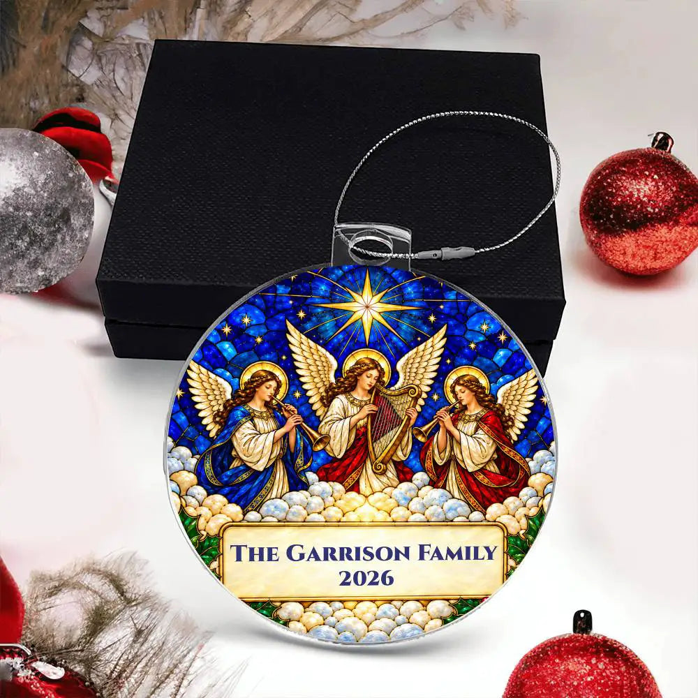 Personalized Family Christmas Ornament, Angel Acrylic Ornament, Religious Christmas Gift, Stained Glass Inspired Keepsake