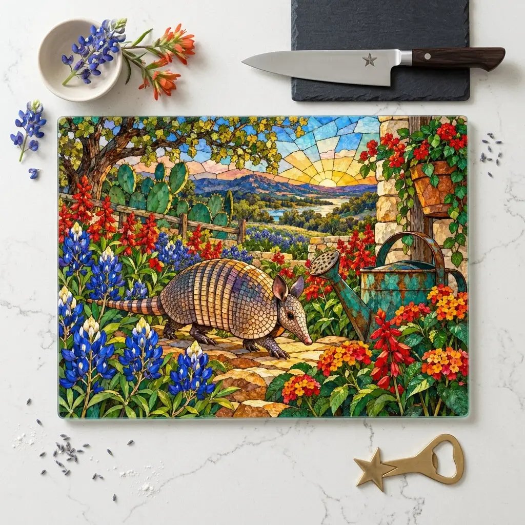 Texas Armadillo Glass Cutting Board, Stained Glass Bluebonnet Kitchen Decor, Colorful Lone Star State Gift