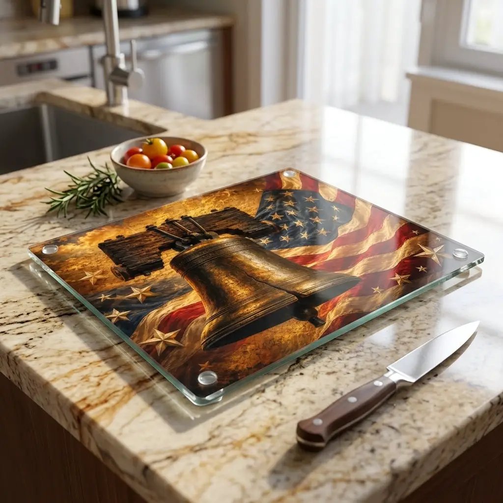 Liberty Bell Cutting Board, American Flag Glass Cutting Board, Patriotic Kitchen Decor, Americana Gift, USA Freedom Decor