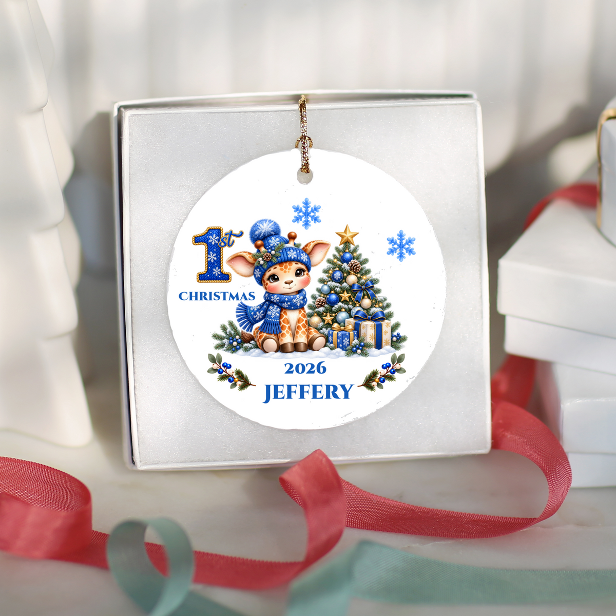Giraffe Baby Personalized Christmas Ornament, Baby's 1st 2nd 3rd Christmas, Custom Name Year Ceramic Keepsake, Boy or Girl Gift