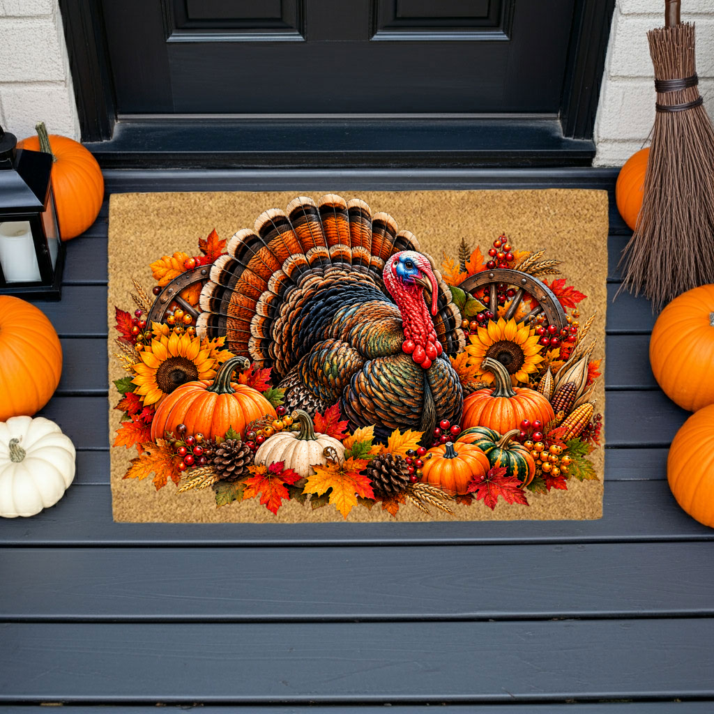 Thanksgiving Turkey Doormat, Fall Turkey Welcome Mat, Harvest Pumpkin Coir Doormat, Farmhouse Autumn Porch Decor, Thanksgiving Door Mat