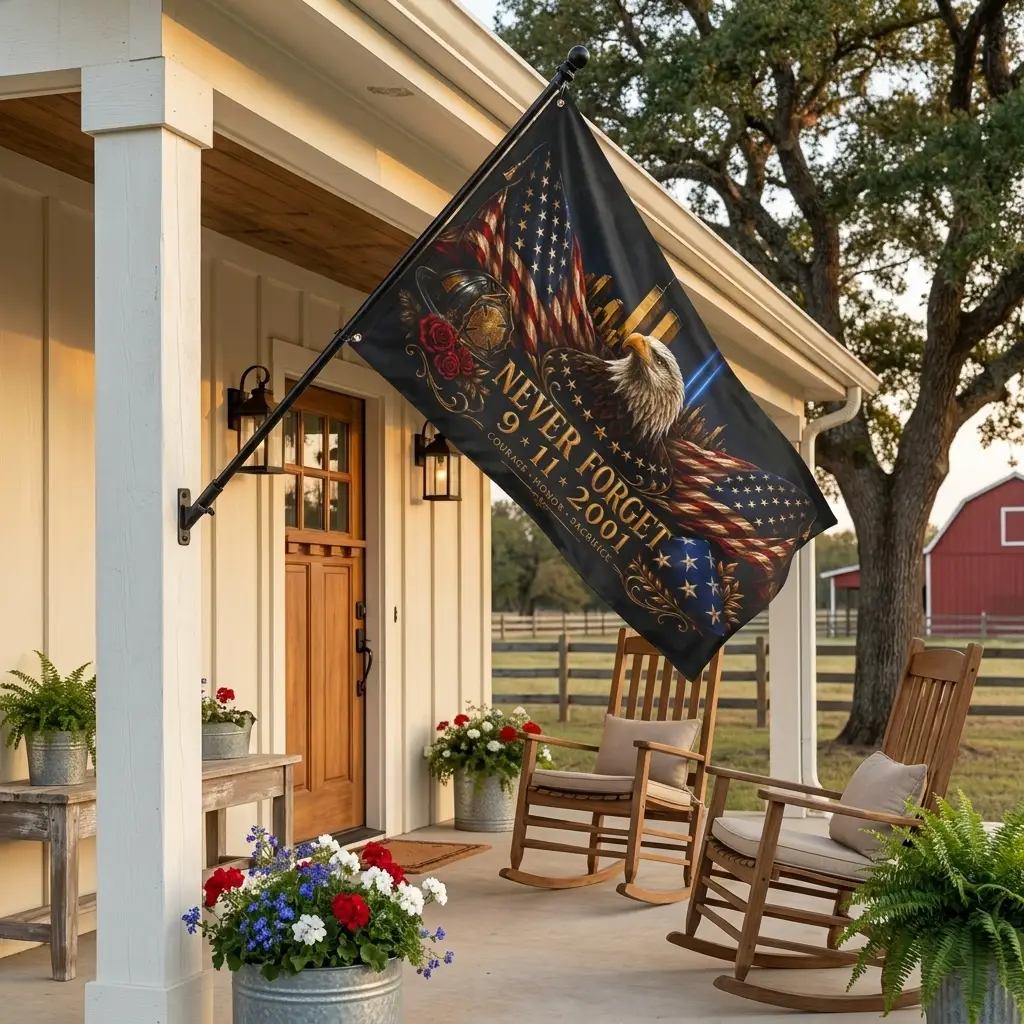 Never Forget 9/11 Double-Sided Memorial Flag – Eagle & Firefighter Tribute