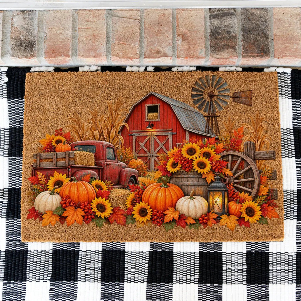 Fall Farmhouse Doormat, Country Barn Coir Mat, Pumpkin Harvest Welcome Mat, Rustic Autumn Porch Decor, Farmhouse Fall Door Mat