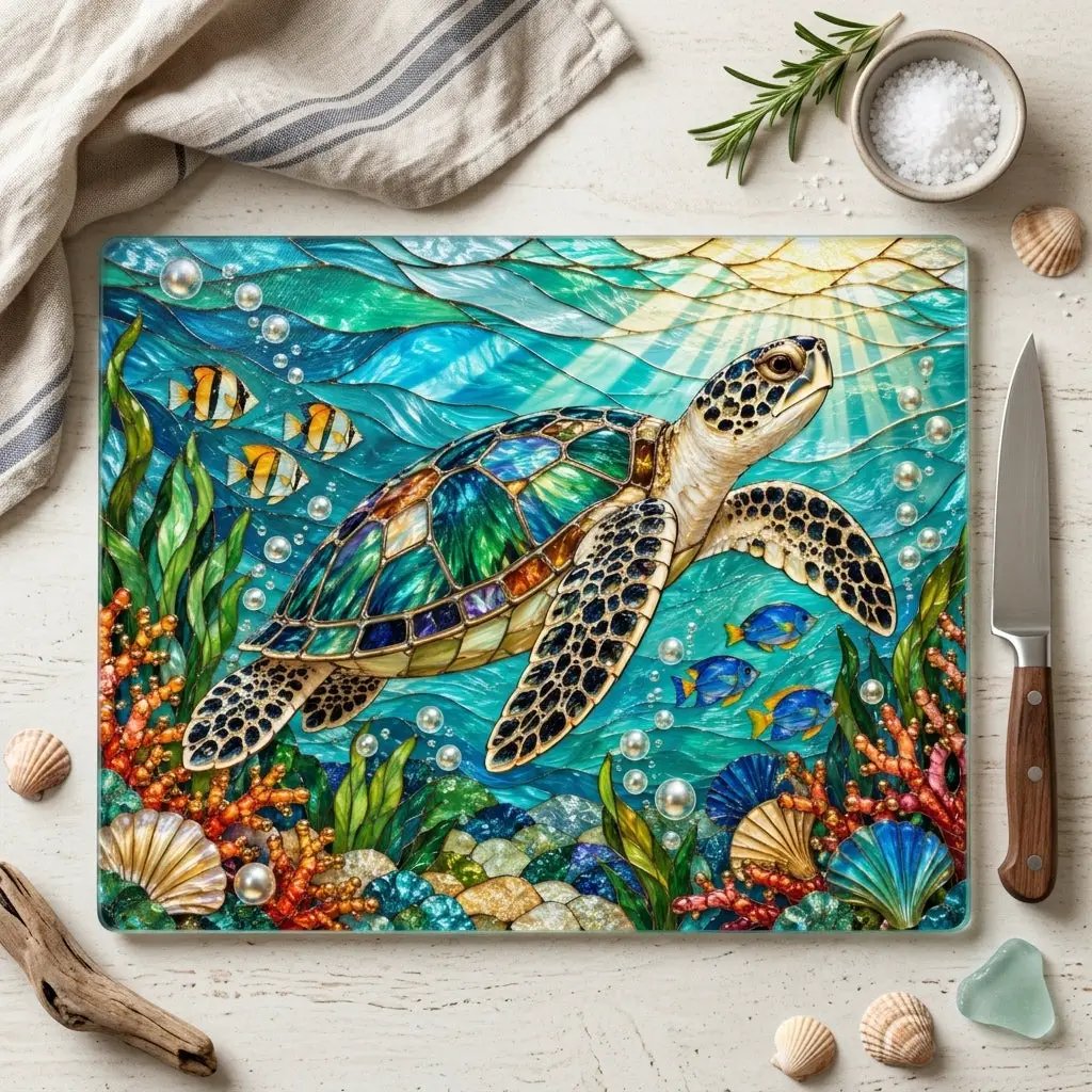 Sea Turtle Cutting Board, Ocean Kitchen Decor, Underwater Glass Chopping Board, Coastal Beach House Gift, Marine Life Kitchen Accent