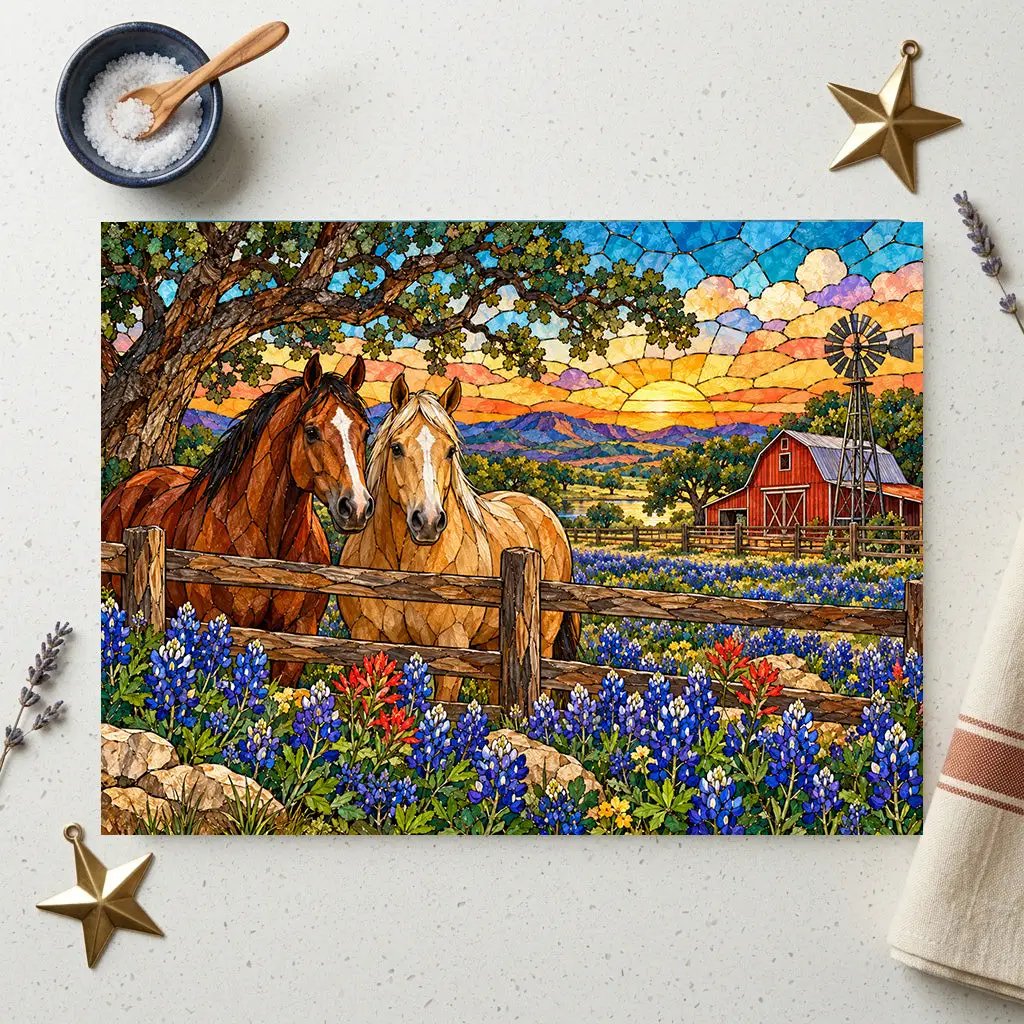 Bluebonnet Ranch Glass Cutting Board, Texas Horse Kitchen Decor, Bluebonnet Gift, Western Ranch Decor, Stained Glass Style Cutting Board