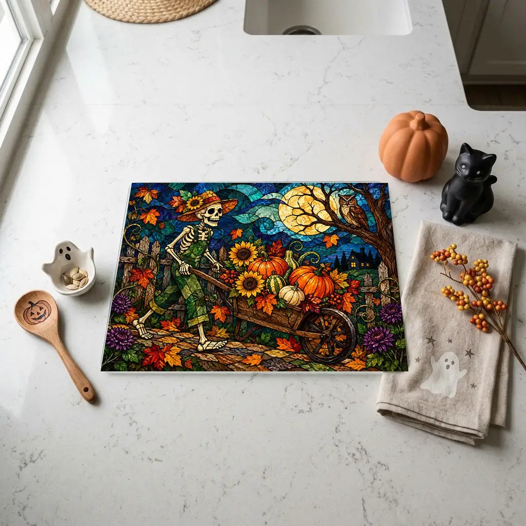 Halloween Personalized Glass Cutting Board, Spooky Pumpkin Farmhouse Kitchen Decor