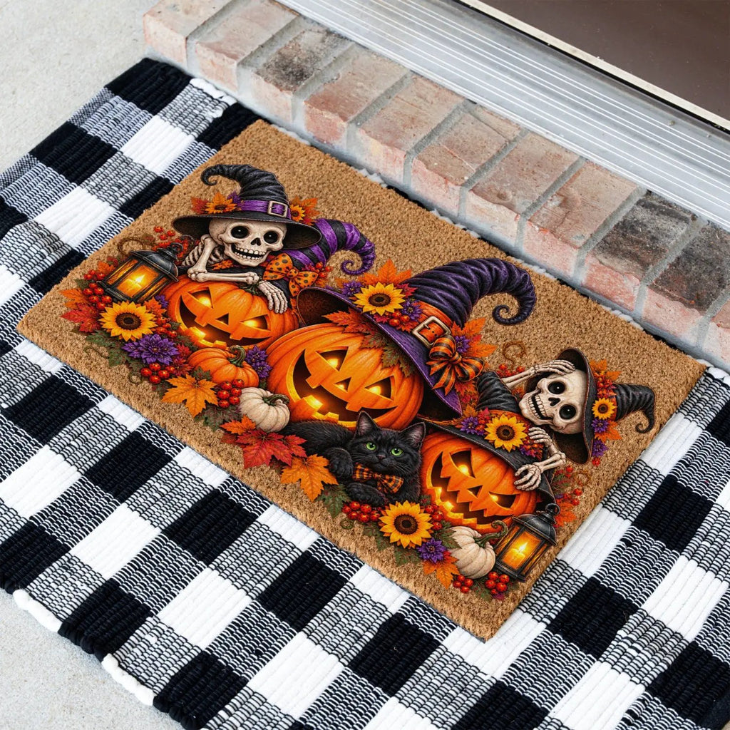 Halloween Skeleton Doormat, Jack O Lantern Coir Mat, Skeleton & Black Cat Welcome Mat, Spooky Fall Porch Decor, Halloween Door Mat