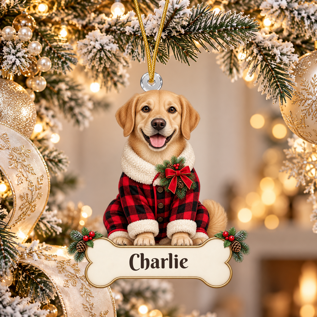Personalized Dog Buffalo Plaid Pajamas Christmas Ornament from Photo, Custom Pet Portrait Acrylic Ornament, Rustic Holiday Dog Lover Gift
