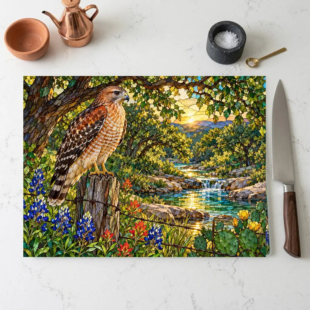 Red-Shouldered Hawk Glass Cutting Board, Bird Lover Kitchen Decor, Wildlife Art Chopping Board, Nature-Inspired Hostess Gift for Birdwatcher