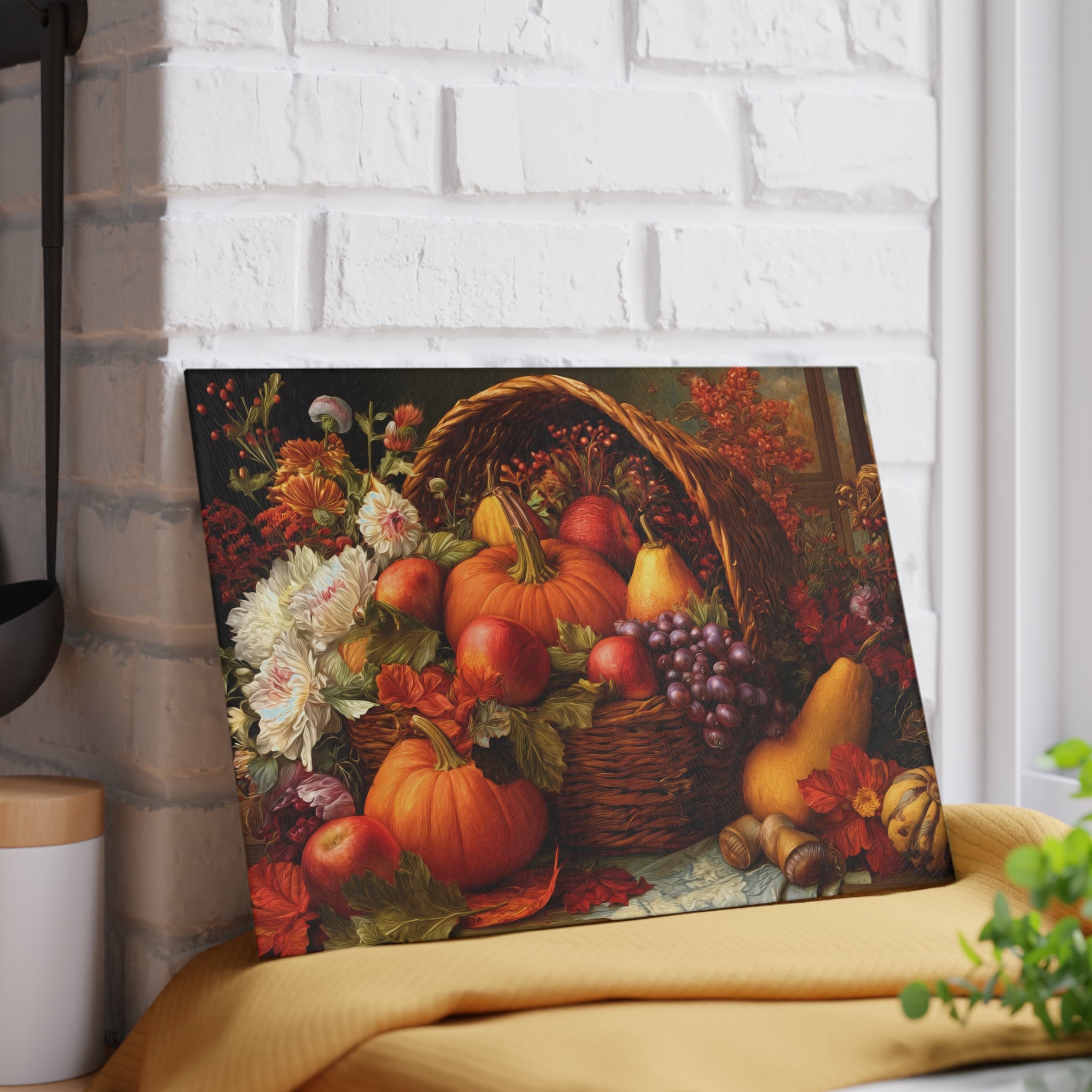 Autumn Harvest Glass Cutting Board — Pumpkin & Fruit Still Life Kitchen Décor