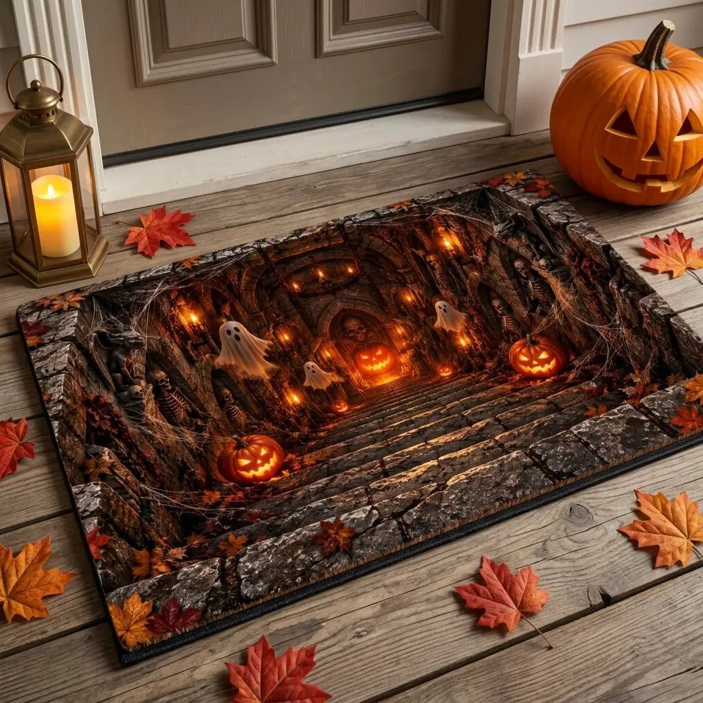 3D Haunted Crypt Doormat, Halloween Ghost Door Mat, Spooky Dungeon Entrance Mat, Skeleton Pumpkin Decor, Gothic Halloween Welcome Mat