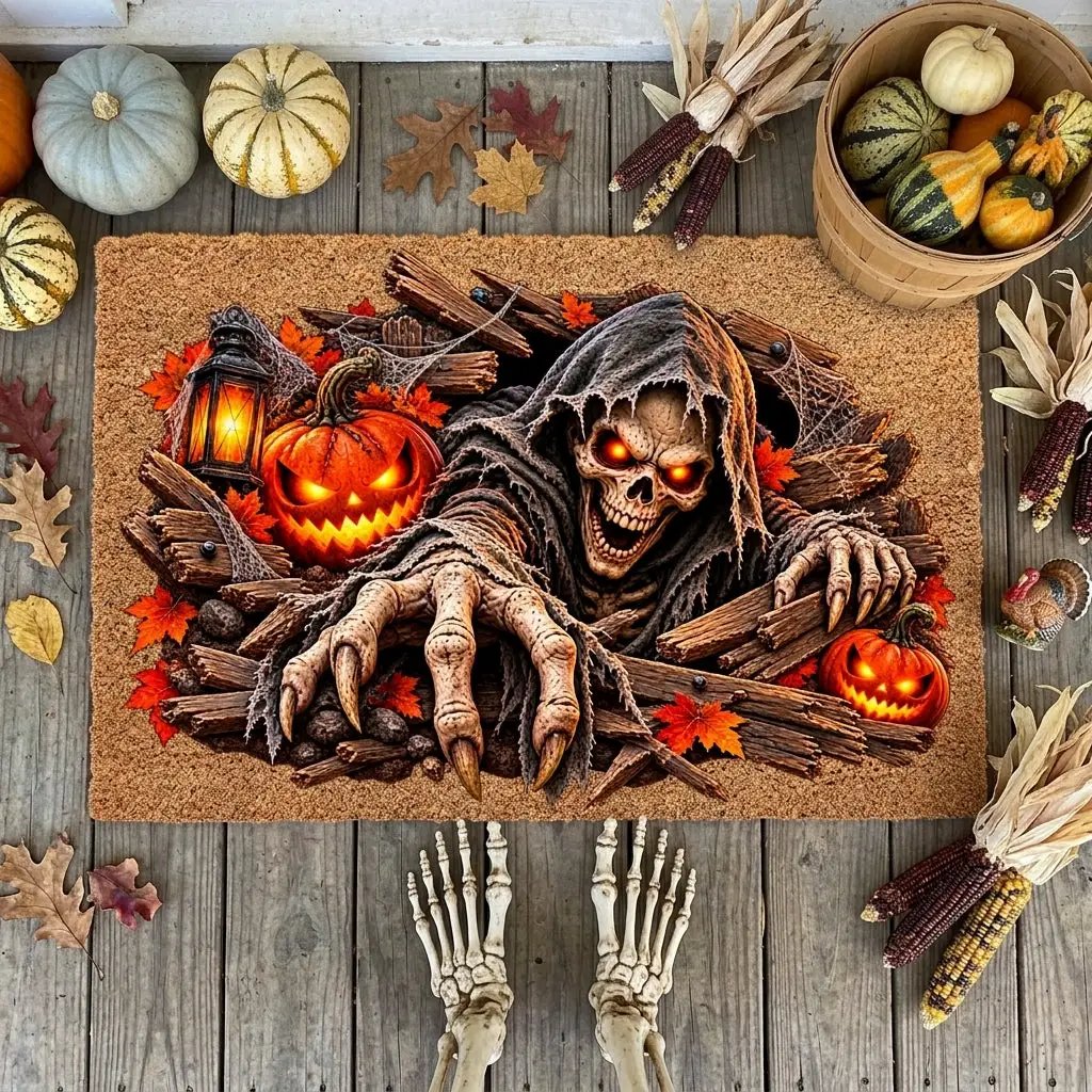 Horror Skeleton Doormat, Grim Reaper Halloween Coir Mat, Creepy Skeleton Welcome Mat, Scary Pumpkin Porch Decor, Haunted Door Mat