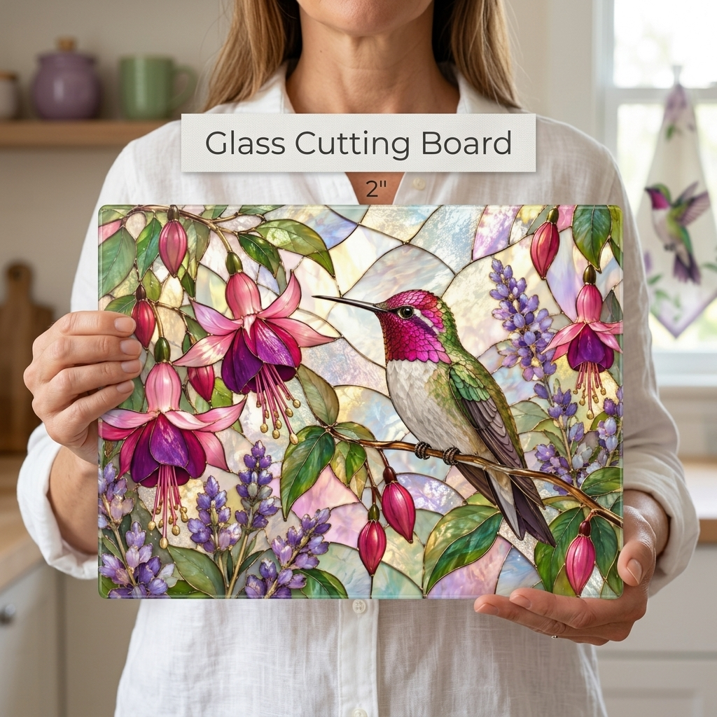 Hummingbird Cutting Board, Stained Glass Hummingbird Decor, Fuchsia Flower Kitchen Decor, Bird Lover Gift, Garden Lover Gift