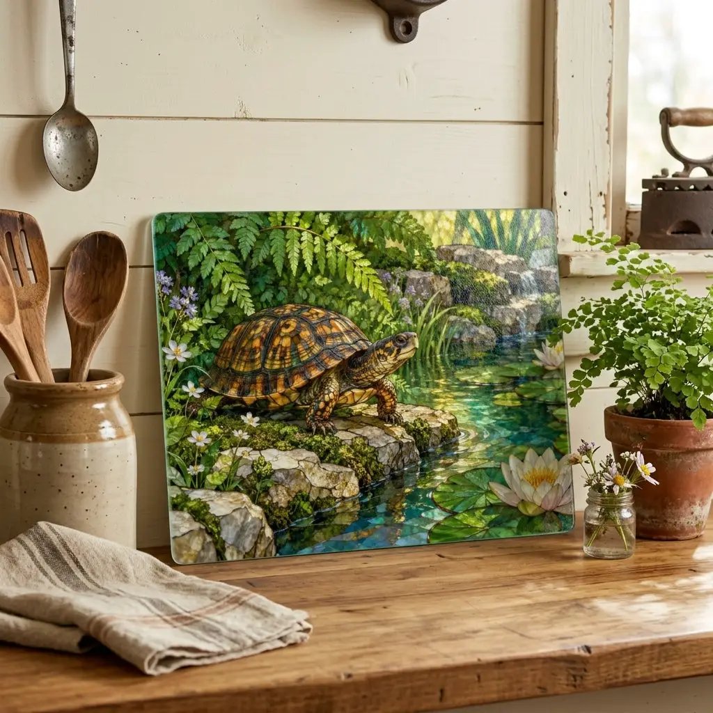 Box Turtle Glass Cutting Board, Pond Nature Kitchen Decor, Reptile Lover Gift, Wildlife Chopping Board, Decorative Tempered Glass Board