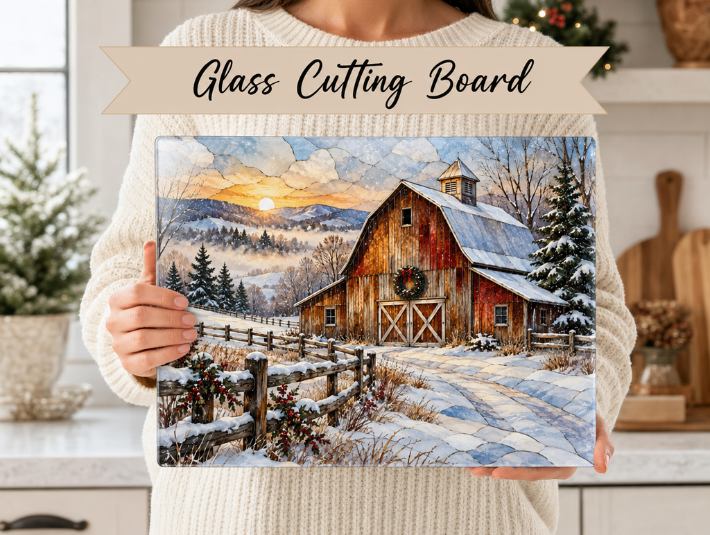 Snowfall Ridge Winter Barn Personalized Cutting Board, Country Farmhouse Kitchen Decor, Stained Glass Farm Scene, Rustic Christmas Gift, Custom Family Gift