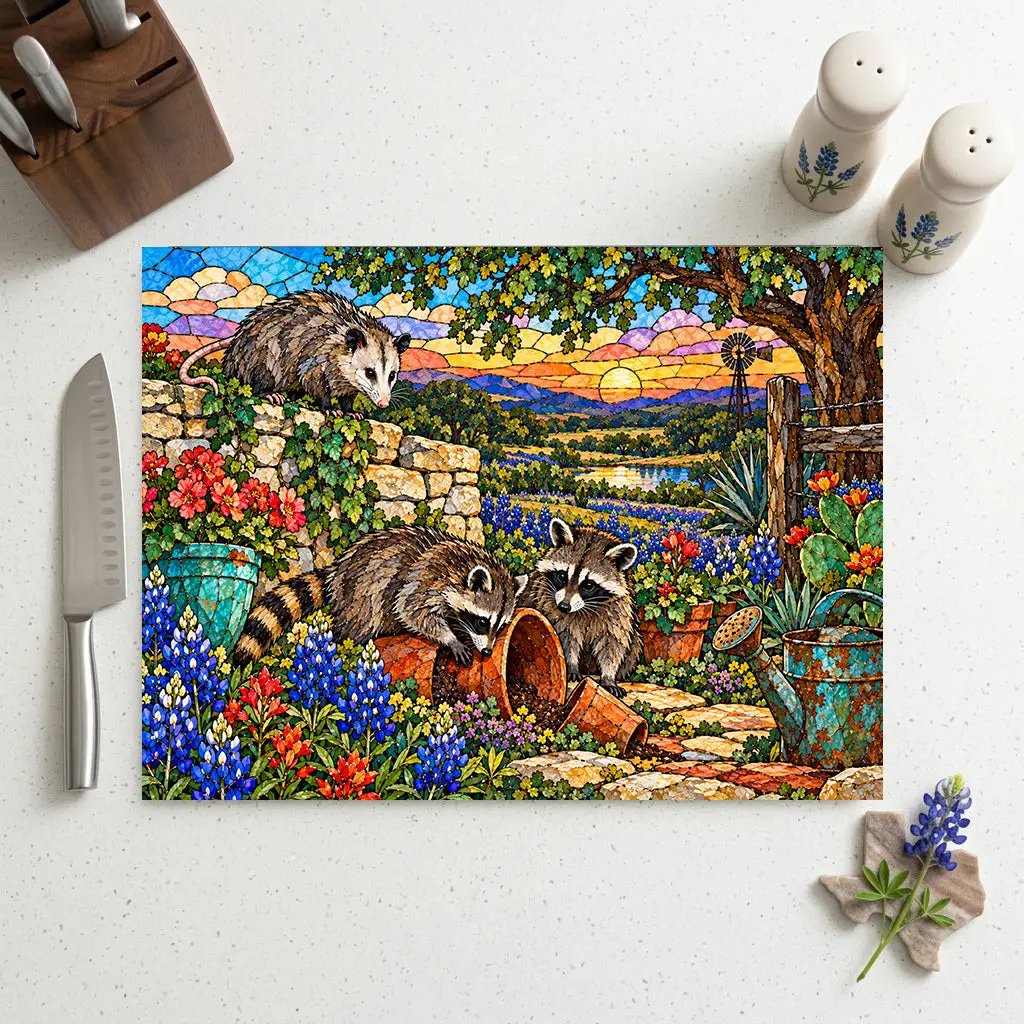 Mischief Opossum Glass Cutting Board, Texas Wildlife Kitchen Decor, Bluebonnet Possum Art, Funny Country Kitchen Gift, Texas Gift