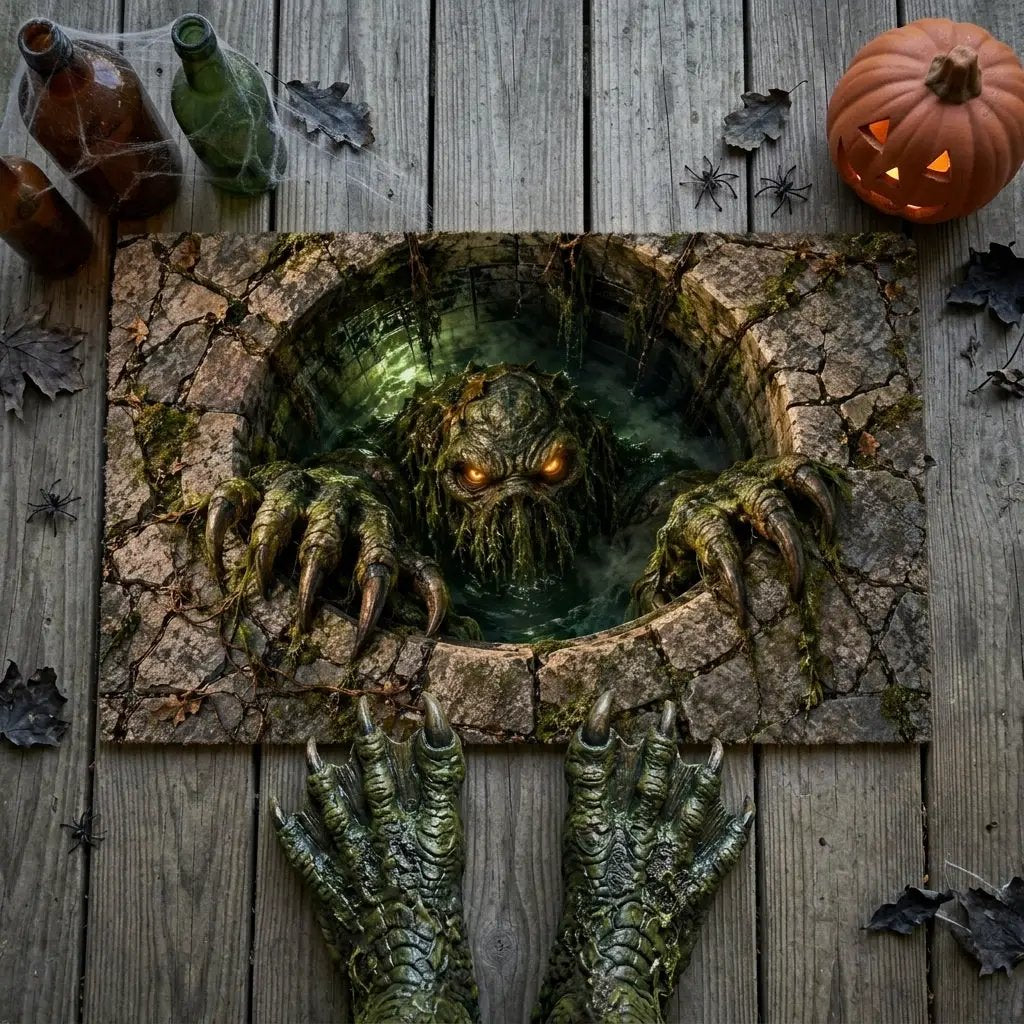 Swamp Monster 3D Optical Illusion Doormat, Creepy Sewer Monster Floor Mat, Scary Halloween Door Mat, Horror Home Decor