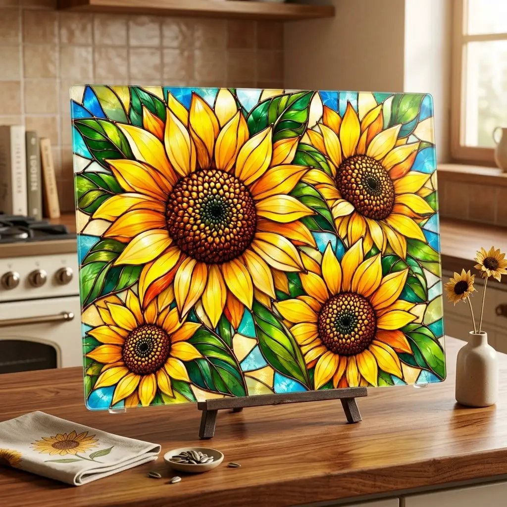 Sunflower Glass Cutting Board, Bold Floral Kitchen Decor, Stained Glass Sunflower Art, Yellow Flower Cutting Board, Sunflower Lover Gift