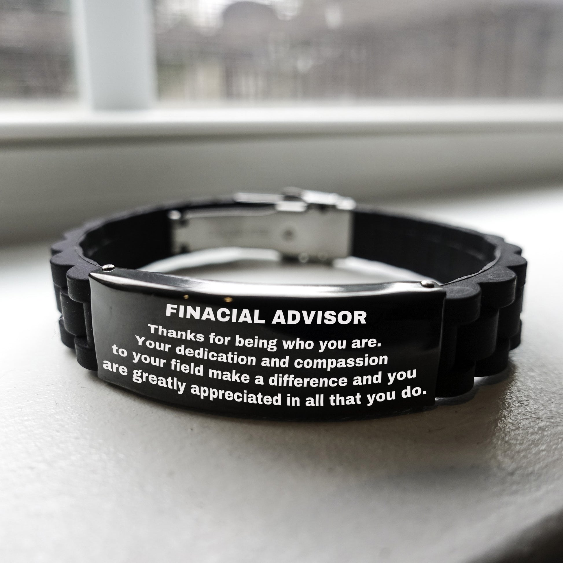Financial Advisor Glidelock Bracelet – Engraved Black Stainless Steel and Silicone Wristband Gift for Financial Advisors – Appreciation Gift for Him or Her - Mallard Moon Gift Shop