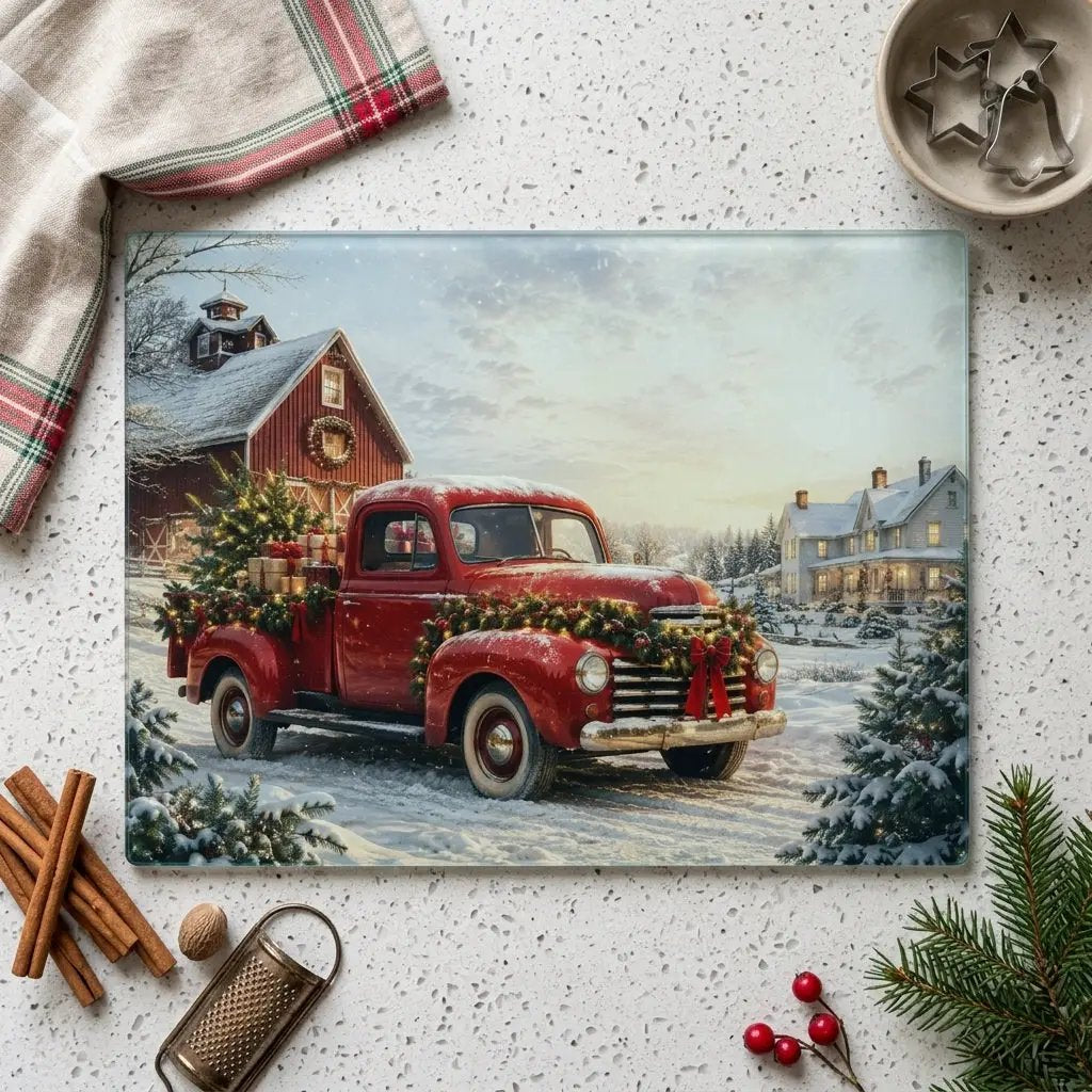 Christmas Glass Cutting Board, Red Vintage Truck Christmas Decor, Snowy Farmhouse Kitchen Decor, Rustic Holiday Gift