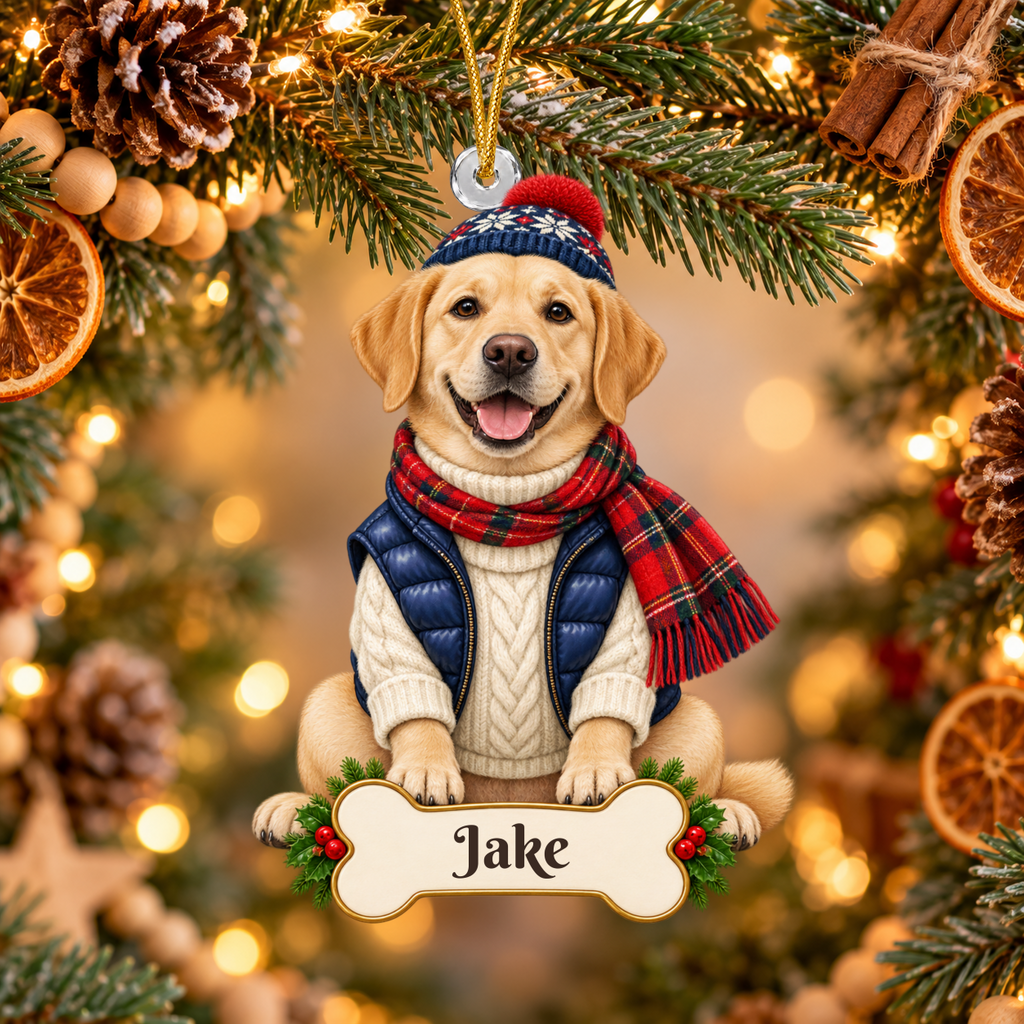 Personalized Alpine Skier Dog Christmas Ornament from Photo, Custom Pet Portrait Acrylic Cutout, Winter Sweater Dog Ornament, Dog Lover Gift
