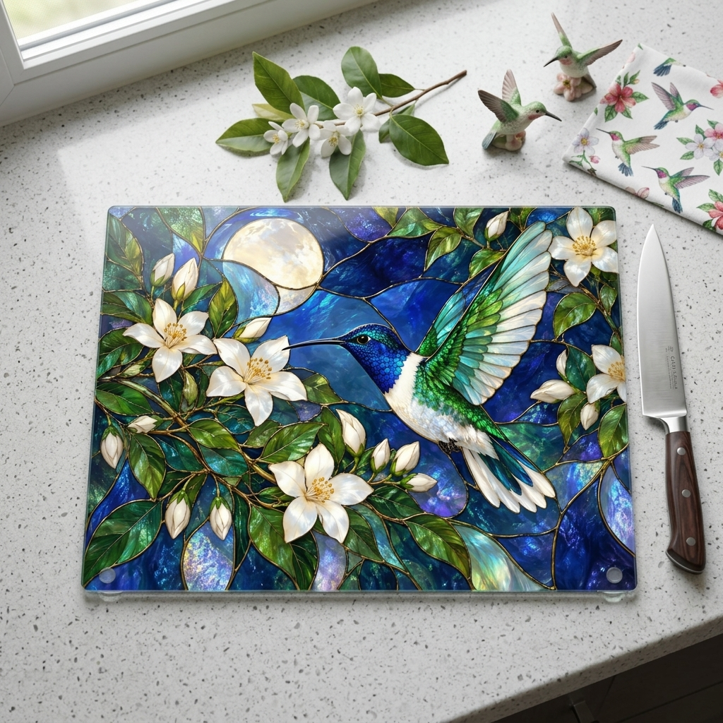 Hummingbird Cutting Board, Stained Glass Bird Decor, Moonlit Jasmine Floral Kitchen Decor, Hummingbird Gift, Nature Lover Gift