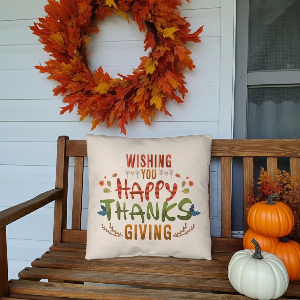 Wishing You a Happy Thanksgiving Throw Pillow – Indoor/Outdoor Fall Accent Cushion – Available in 3 Sizes