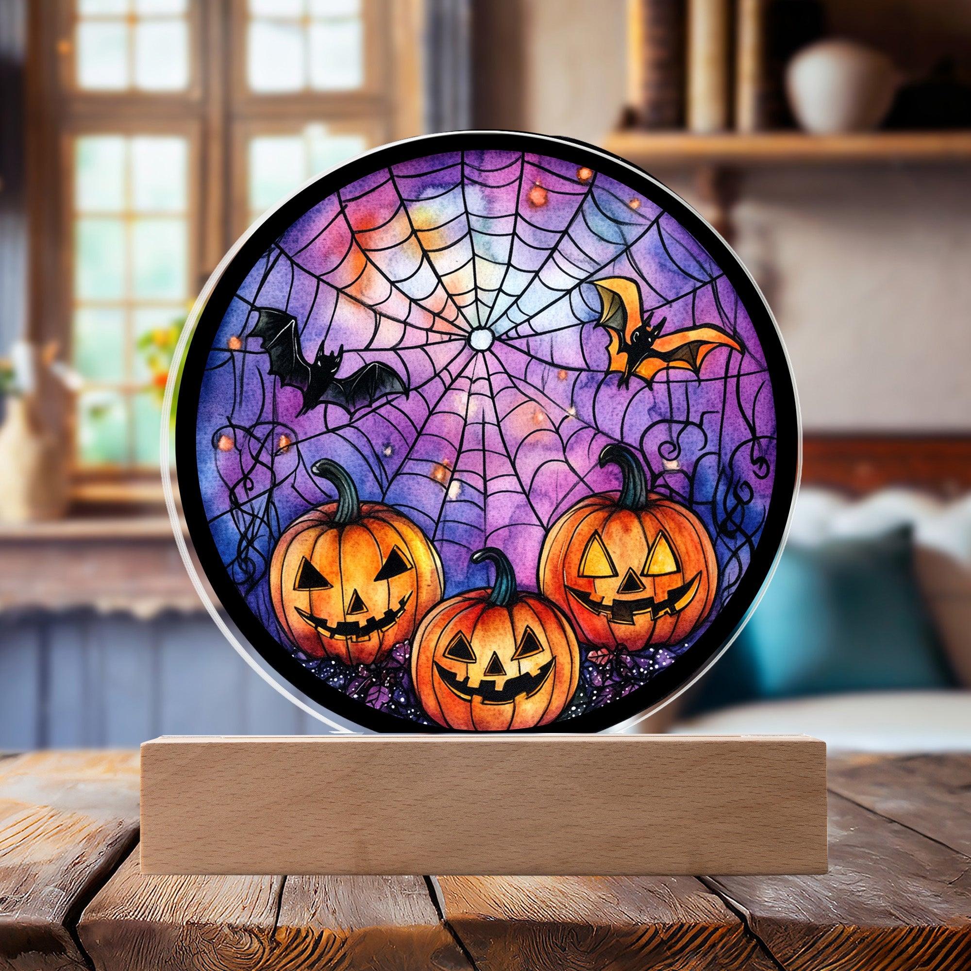 Spooky Halloween Decor Round Acrylic Plaque with Lighted LED Wooden Base - Mallard Moon Gift Shop