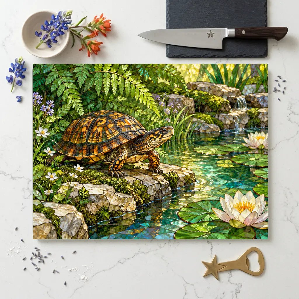 Box Turtle Glass Cutting Board, Pond Nature Kitchen Decor, Reptile Lover Gift, Wildlife Chopping Board, Decorative Tempered Glass Board