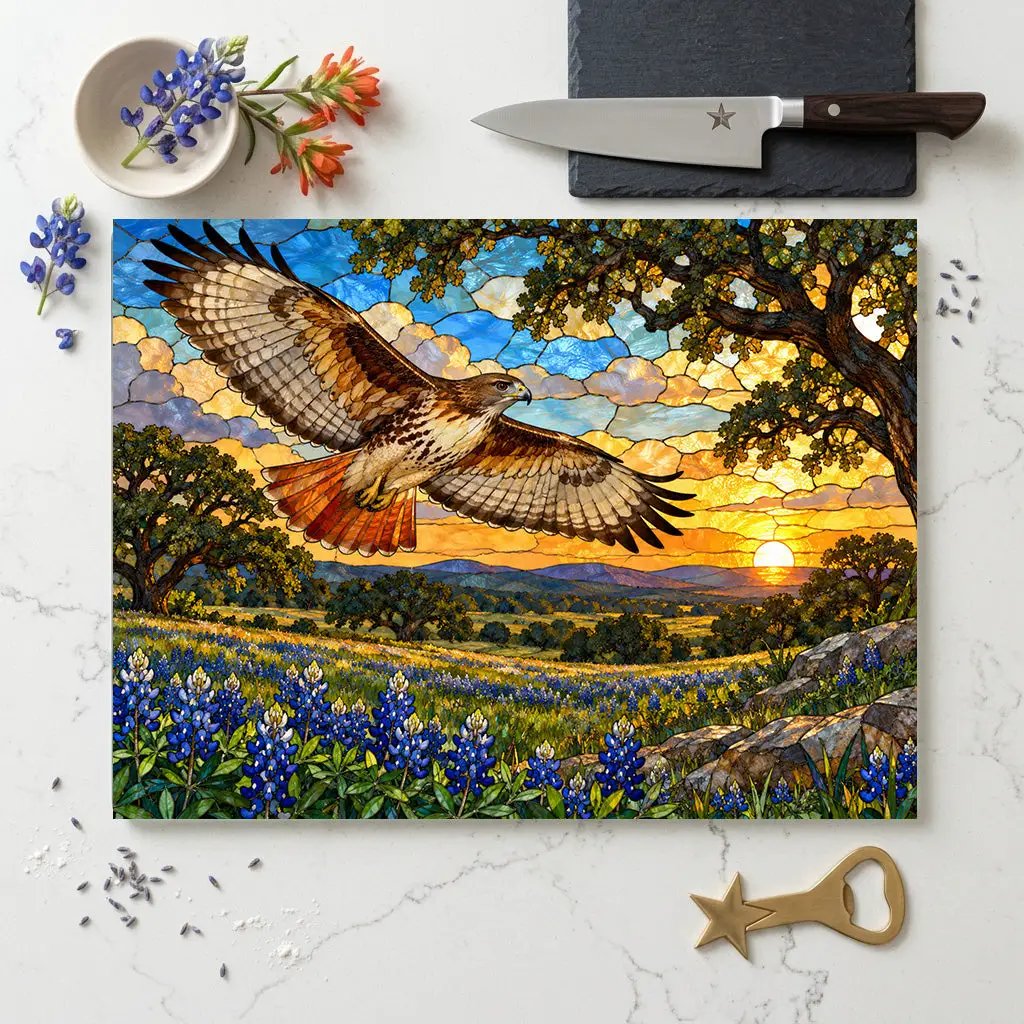Red-Tailed Hawk Glass Cutting Board, Wildlife Kitchen Decor, Bird Lover Gift, Scenic Sunset Countryside Chopping Board, Nature Home Accent