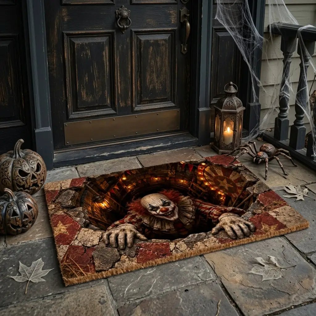 Creepy Clown Halloween Doormat,3D Scary Clown Optical Illusion Mat, Haunted Circus Door Mat, Horror Halloween Porch Decor