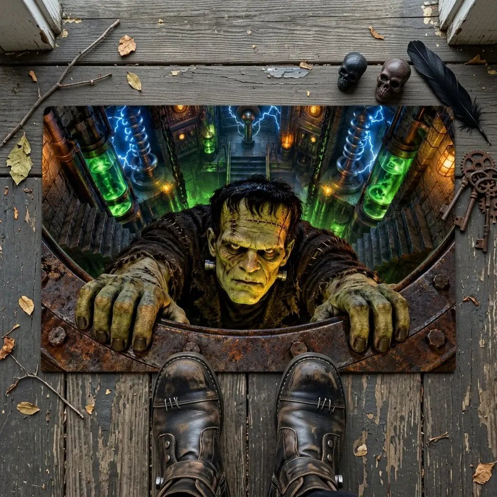 Frankenstein 3D Illusion Doormat, Mad Scientist Laboratory Halloween Door Mat, Monster Welcome Mat, Spooky Halloween Porch Decor