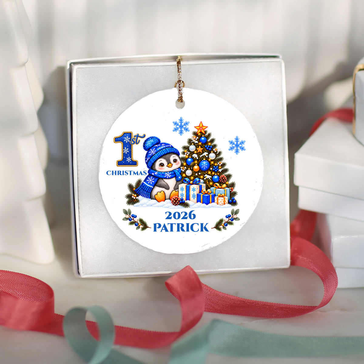 Penguin Baby Personalized Christmas Ornament, Baby's 1st 2nd 3rd Christmas, Custom Name Year Ceramic Keepsake, Boy or Girl Gift