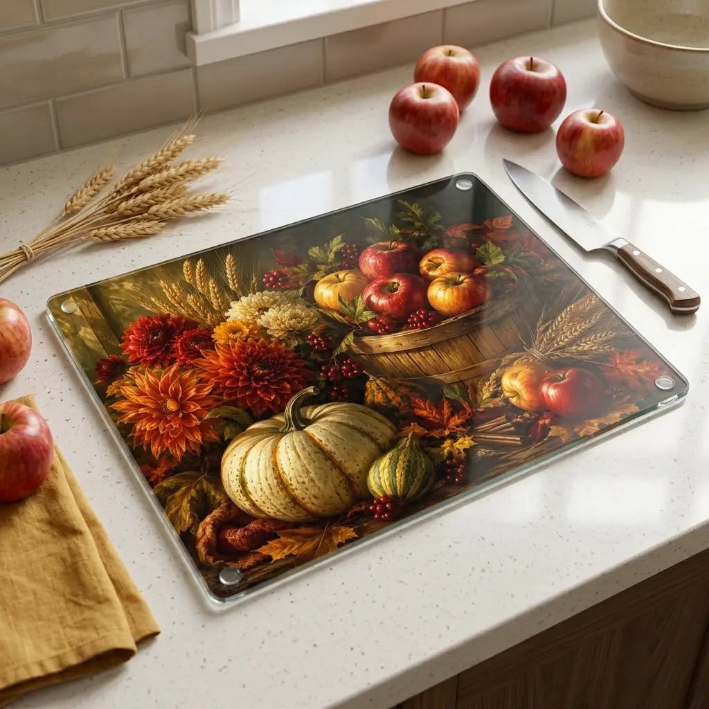 Apple Harvest Glass Cutting Board, Fall Farmhouse Kitchen Decor, Pumpkin Apple Cutting Board, Autumn Kitchen Gift