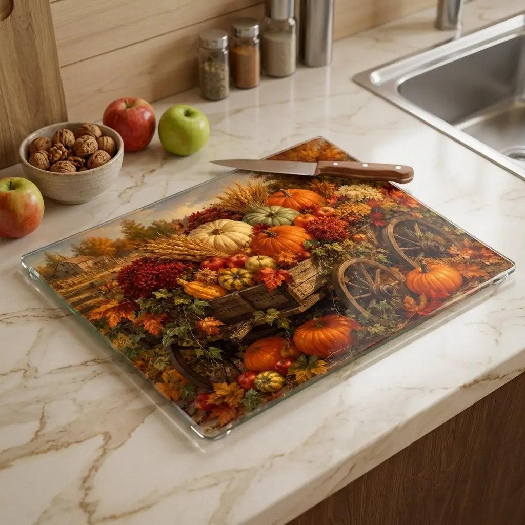 Fall Harvest Wagon Glass Cutting Board, Rustic Farmhouse Kitchen Decor, Pumpkin Cutting Board, Thanksgiving Gift