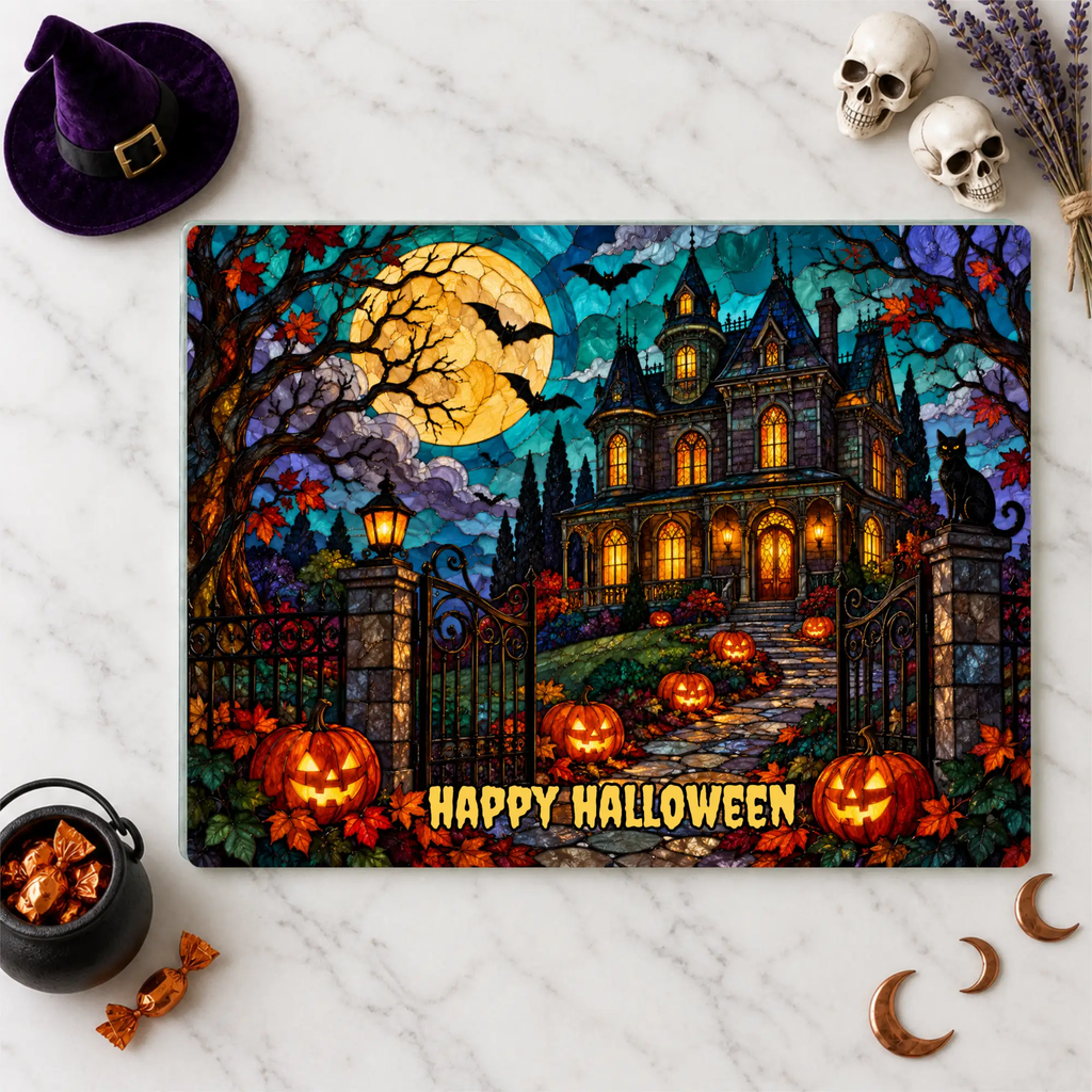 Halloween Haunted Mansion Personalized Glass Cutting Board, Spooky Pumpkin Kitchen Decor