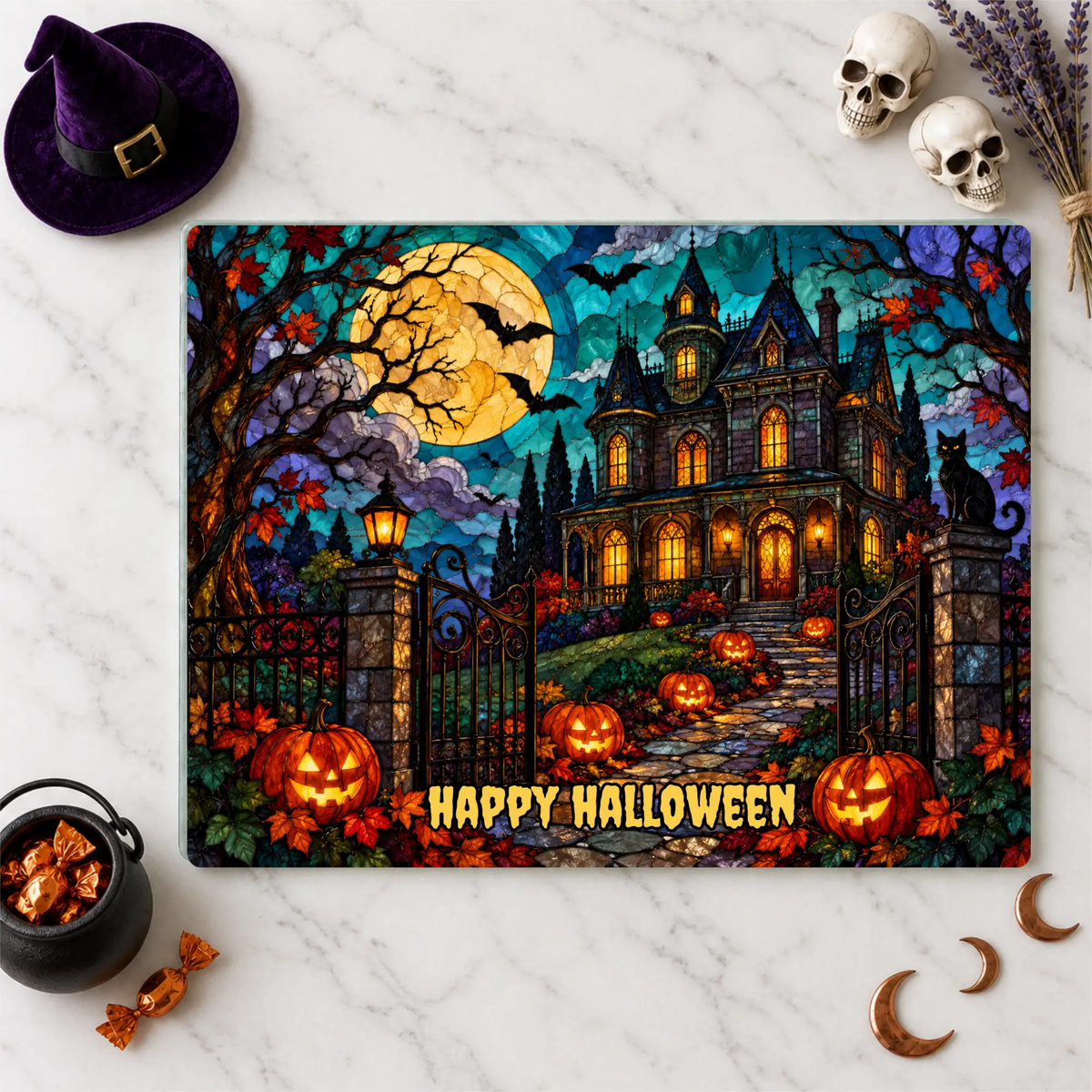 Halloween Haunted Mansion Personalized Glass Cutting Board, Spooky Pumpkin Kitchen Decor