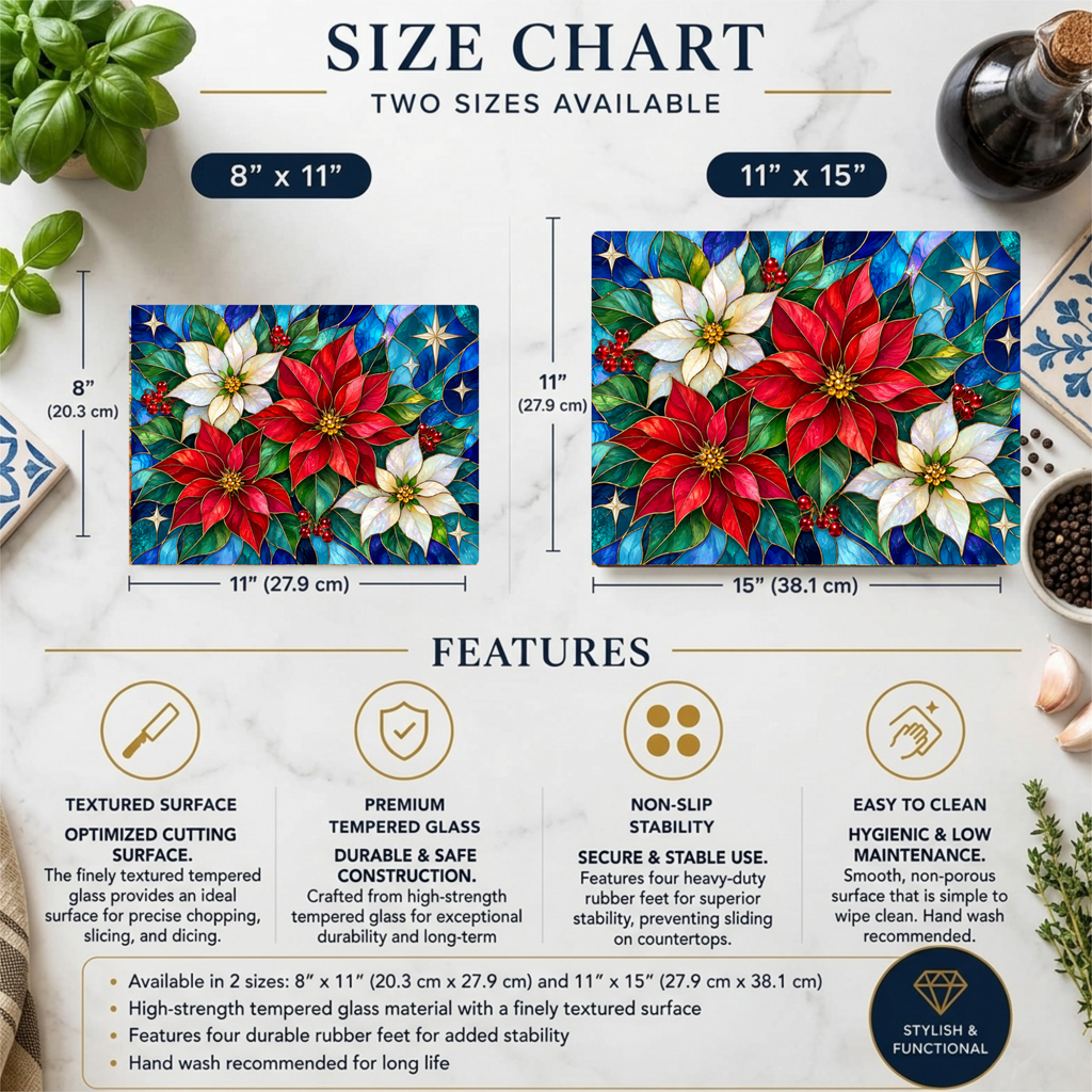 Christmas Poinsettia Glass Cutting Board, Stained Glass Floral Kitchen Decor, Holiday Serving Board, Festive Christmas Kitchen Gift