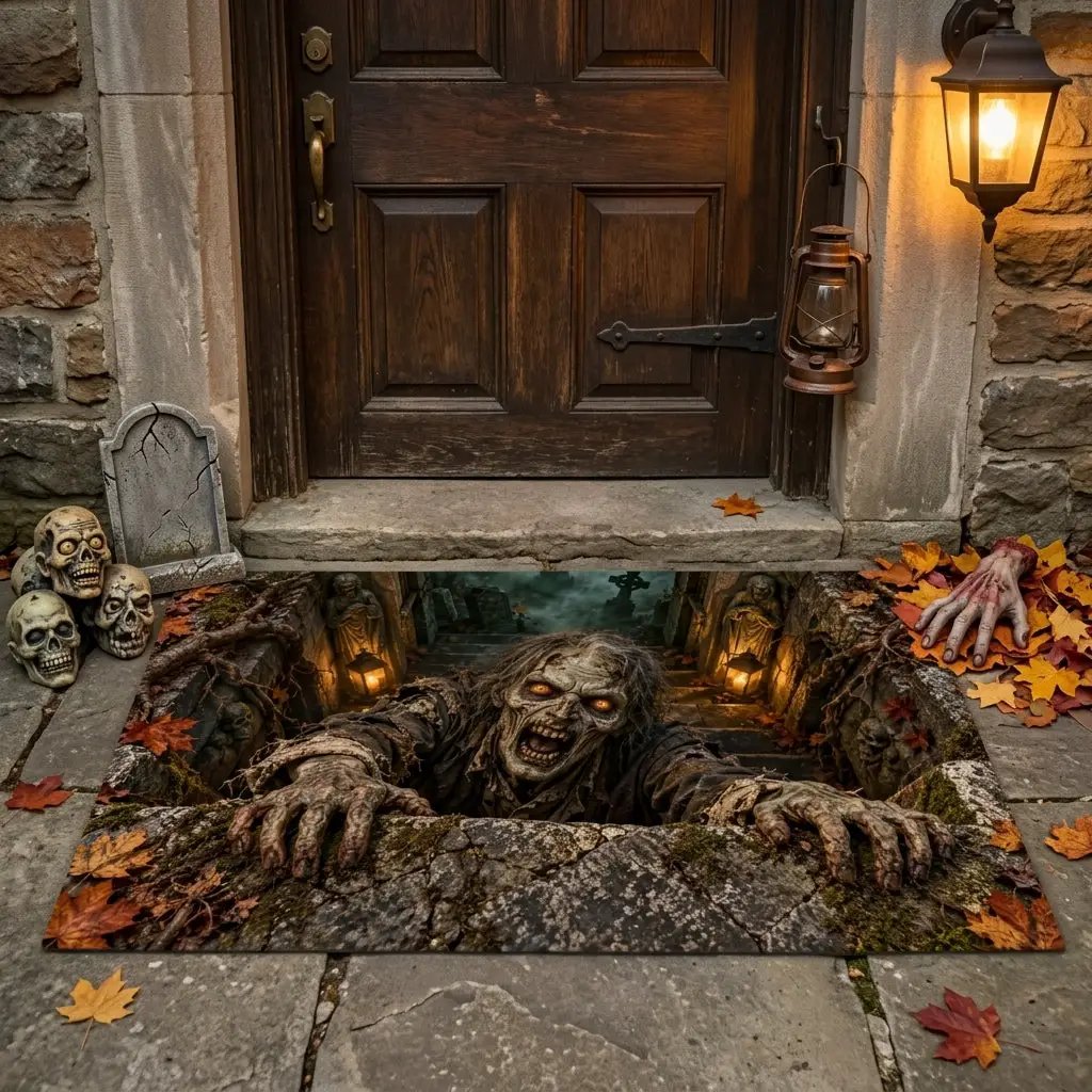 Zombie 3D Illusion Doormat, Graveyard Halloween Door Mat, Undead Zombie Welcome Mat, Haunted Crypt Optical Illusion, Spooky Porch Decor