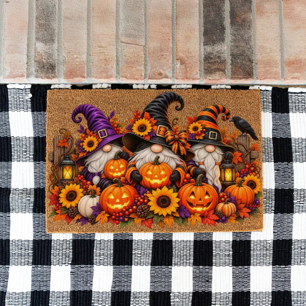 Halloween Gnome Doormat, Witch Gnomes & Pumpkins Coir Mat, Cute Spooky Fall Welcome Mat, Halloween Porch Decor, Autumn Door Mat