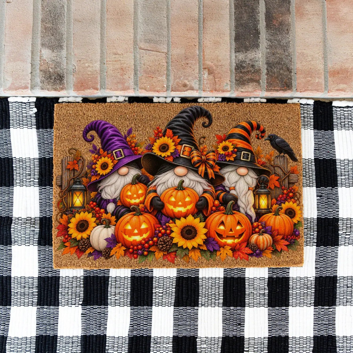 Halloween Gnome Doormat, Witch Gnomes & Pumpkins Coir Mat, Cute Spooky Fall Welcome Mat, Halloween Porch Decor, Autumn Door Mat