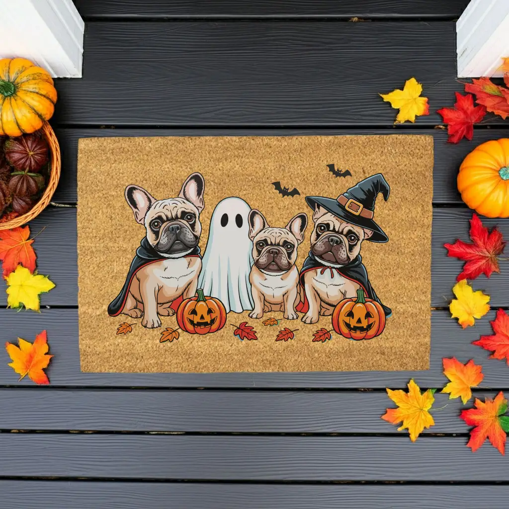 French Bulldog Halloween Doormat, Frenchie Coir Door UV Printed Mat, Cute Halloween Dog Welcome Mat, Spooky French Bulldog Porch Decor, Dog Lover Gift