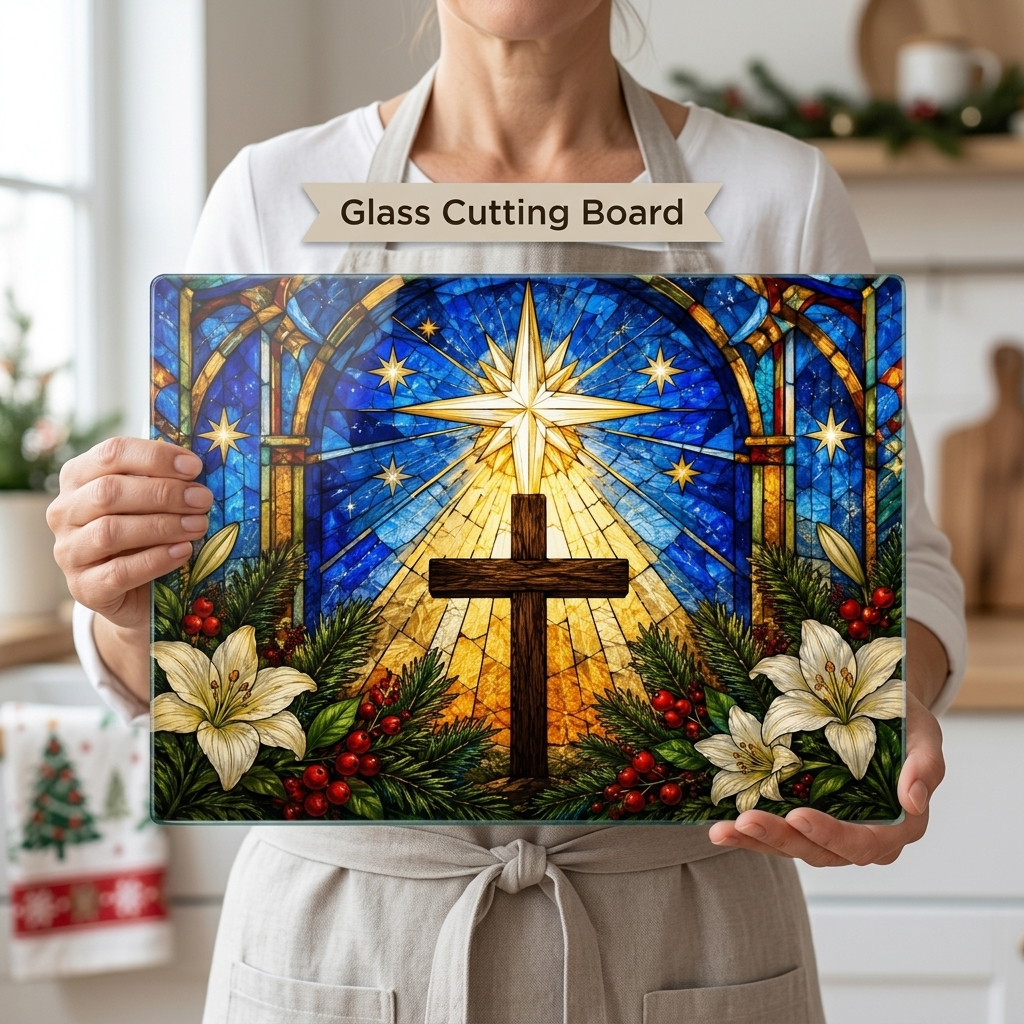 Christian Cross Glass Cutting Board, Stained Glass Christmas Decor, Religious Kitchen Gift, Star of Bethlehem Christian Gift