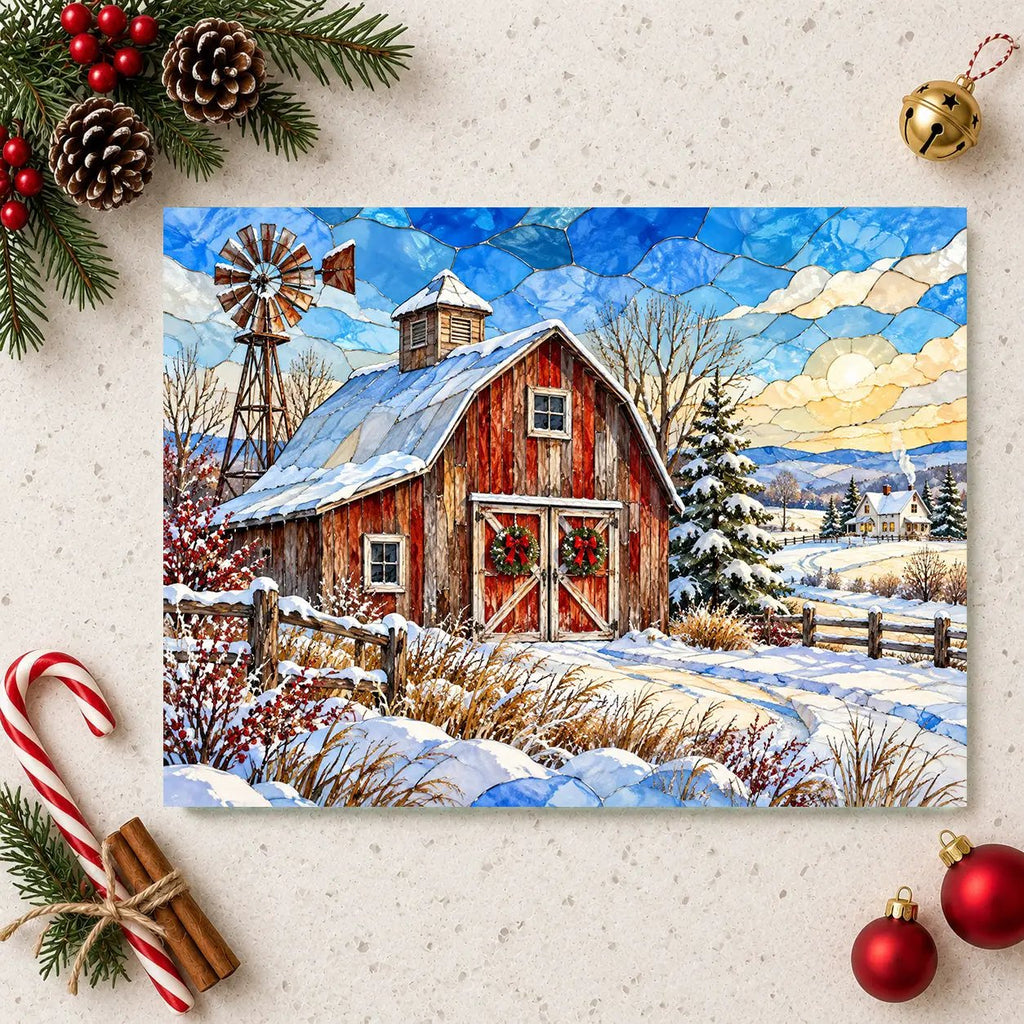 Winter Windmill Farm Glass Cutting Board, Red Barn Country Kitchen Decor, Rustic Farmhouse Christmas Gift