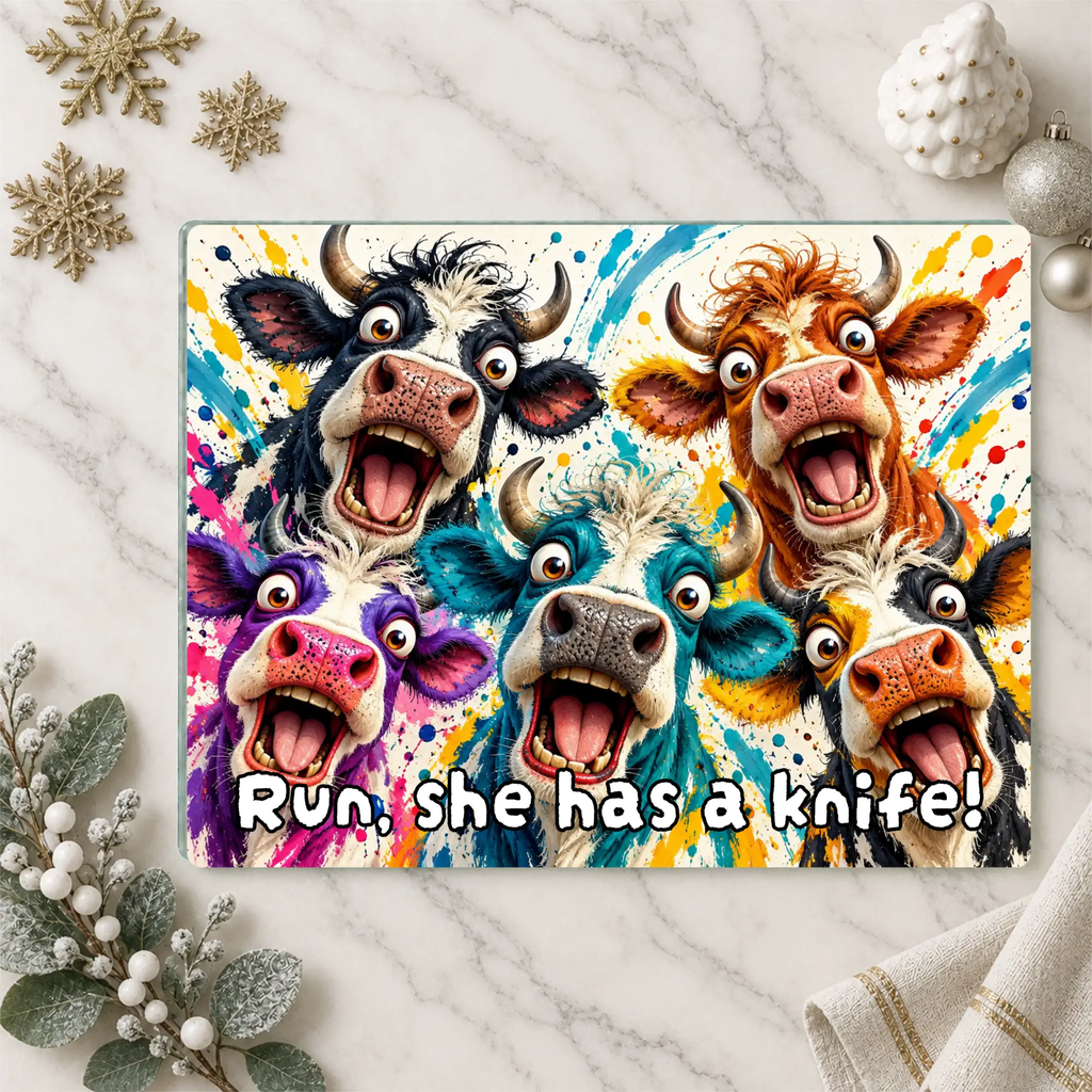 Screaming Cow Cutting Board, Funny Cow Glass Cutting Board, Colorful Cow Kitchen Decor, Farm Animal Gift, Cow Lover Gift