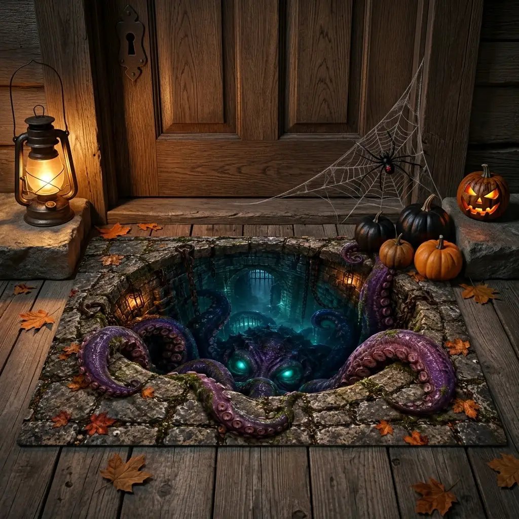 Tentacle Monster 3D Optical Illusion Doormat, Creepy Dungeon Floor Mat, Scary Octopus Monster Door Mat, Horror Halloween Decor