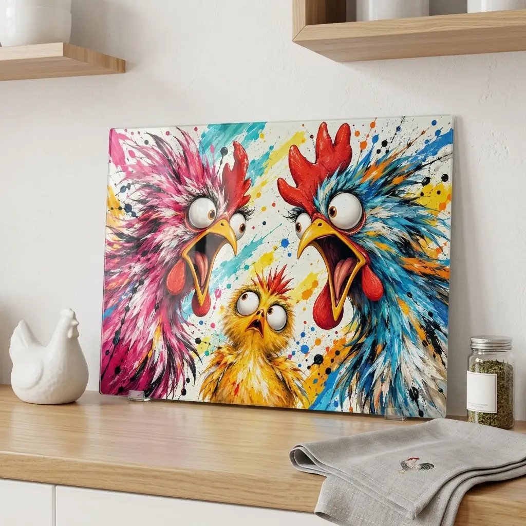 Funny Chicken Family Cutting Board, Screaming Chickens Kitchen Decor, Colorful Chicken Lover Gift, Farmhouse Decor